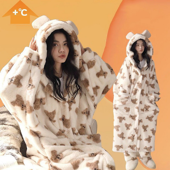 CinemaKiss 여성 겨울잠옷 세트 겨울 로브가운 두꺼운 잠옷 로브 빅포켓 카디건 겨울 홈웨어 빅사이즈 파자마 가운