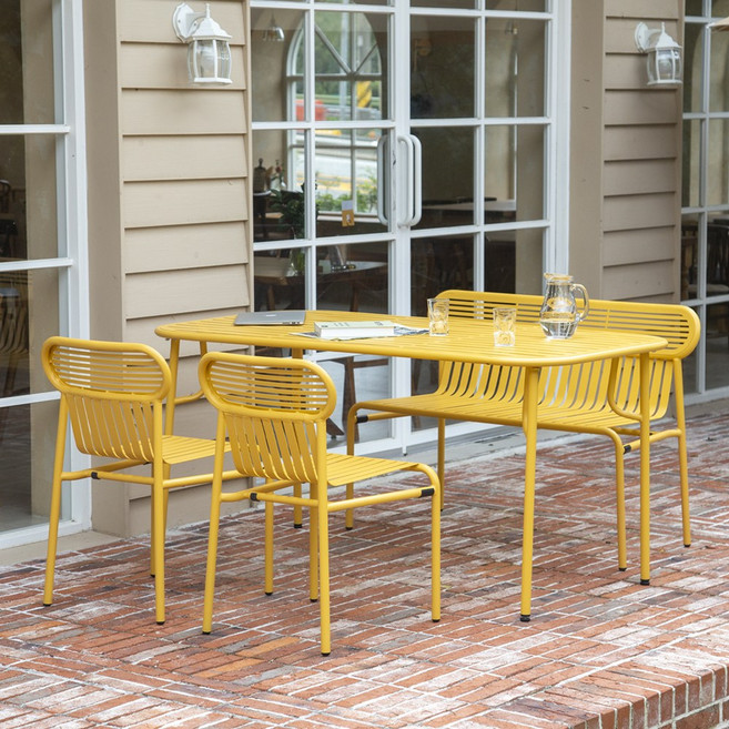 링컨 철제 카페 정원 테라스 야외용 직사각 테이블세트 4인, 테이블+등벤치+의자2개, 옐로우