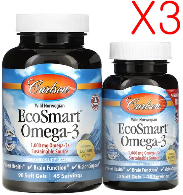 칼슨 노르웨이 자연산 EcoSmart 오메가3 천연 레몬맛 1 000mg 90+30소프트젤(소프트젤 1정당 500mg), 3팩, 120정 - 쿠팡