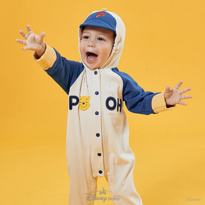 [아가방]강남점*디즈니베이비 캡모자 후드 디자인과 곰돌이 푸 캐릭터가 매력적인 우주복 / 골지원단으로 신축성이 좋고 입기 편한 우주복