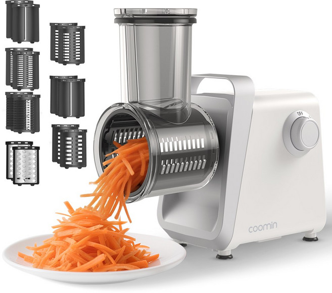 coomin 전동채칼 자동 야채슬라이서 만능 채써는기계 양배추채썰기 채소절단기 당근 감자 오이 양파 레몬 마늘 무 고추 양배추 과일 가정용, 1개, 화이트