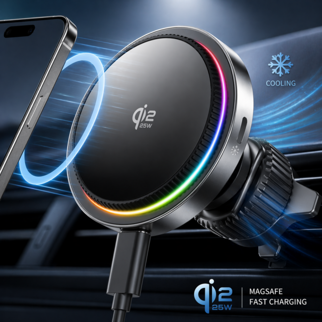 QI2초고속충전 + LED4색변환 + 쿨링 맥세이프 차량용 무선충전 거치대 아이폰 갤럭시, QI2차량용25W최대고속, BLACK