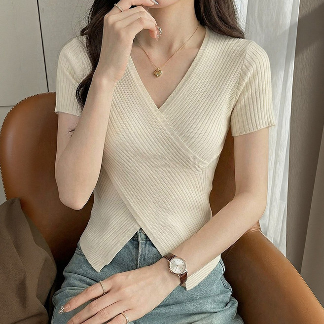 SOSISI 여성 반팔 여름 니트 교차 V랩 드레이프 니트 티셔츠 탑 오버 260805