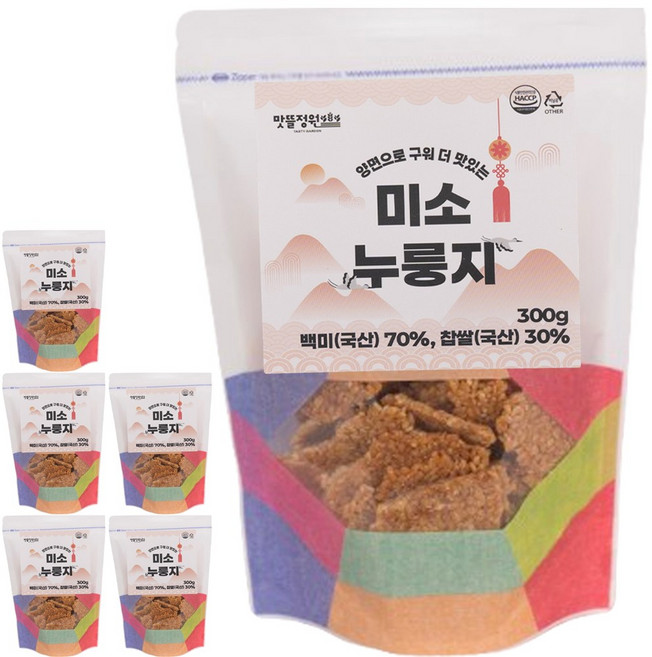 맛뜰정원 국내산 양면으로 직접 구운 수제 가마솥 맛 찹쌀 누룽지, 300g, 5개