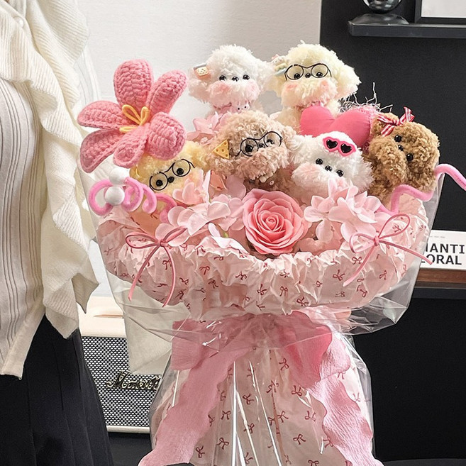 AROEREV 인형 꽃다발/꽃선물, 1개, 핑크색(강아지 6마리)