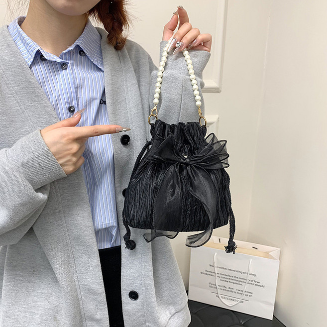 아이루리 드로스트링 오간자 리본 버킷백 미니 사이즈 크로스바디백 진주 체인 복조리백
