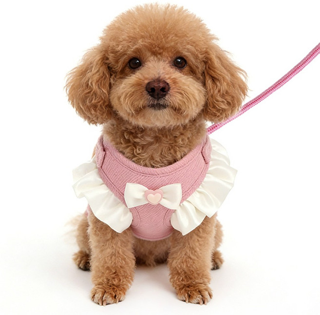 강아지 고양이 크림 레이스 리본 하네스+리드줄 세트, 1세트, 퍼플