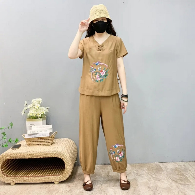 자칠 여성용 면 마 자수 생활 개량 세트 빅사이즈 티셔츠+바지 세트