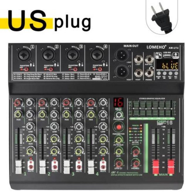 DJ 컨트롤러 믹싱 오디오 믹서 콘솔 믹서 파티 믹스 공연 방송 녹음 LOMEHO 4 모노 채널 7 밴드 EQ 48V 16 노래방 음소거 DJ 블루투스 사운드 AM-UT4, 없음, 2) US PLUG