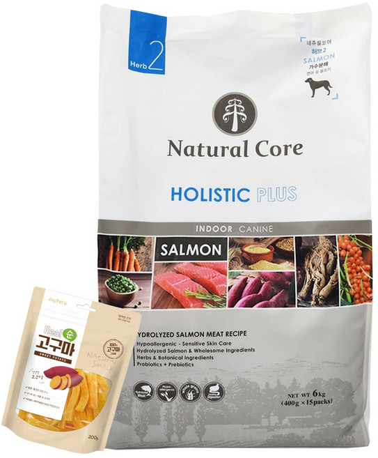 네츄럴코어 홀리스틱 허브2 연어 강아지사료 6kg + 리얼고구마200g 가수분해 애견사료