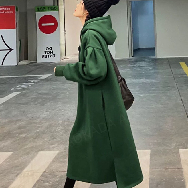 AOKADA 오버핏 롱 후드 맨투맨 기모 원피스 여성 가을 겨울