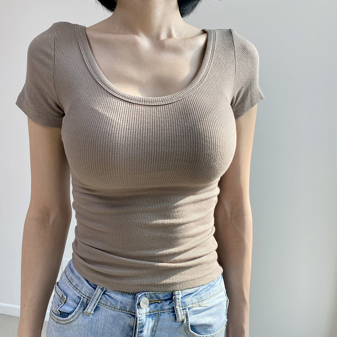 딱붙는 U넥 반팔 골지티셔츠 슬림 쫄티 글램핏 크롭티 무지반팔티