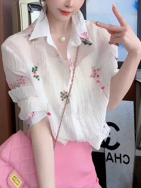 法式碎花刺繡設計襯衫女