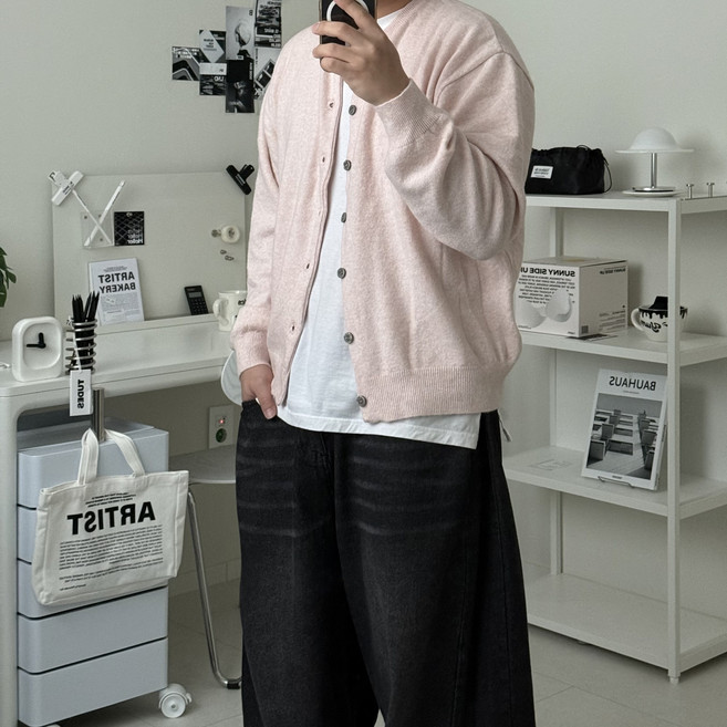 르위 라운드 오버핏 단추 가디건 스판 빅사이즈 니트 아우터