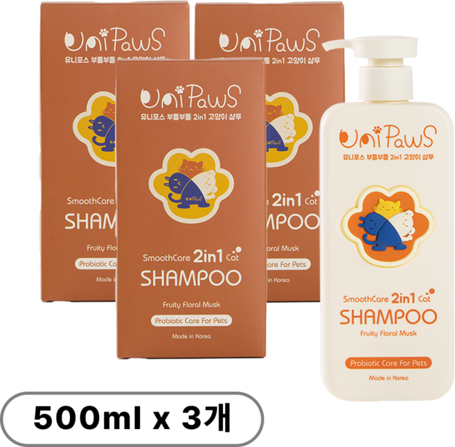유니포스 부들부들 프로바이오틱스 케어 2in1 고양이 샴푸 린스 겸용 저자극 전묘종, 3개, 500ml