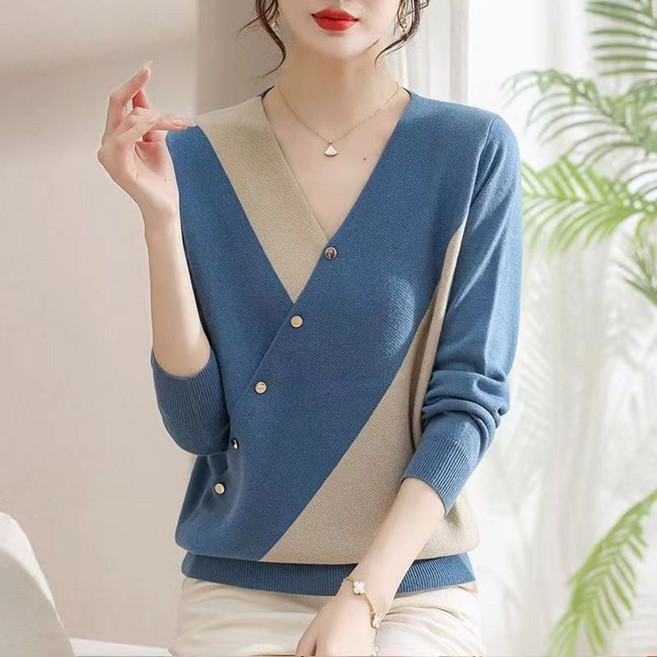 COSYEVNO 중년 엄마 긴팔 톱 가을 라운드넥 자수 브이넥 배색 스타일리쉬한 루즈핏 캐주얼 숏 버튼 니트 CXJzzs-08