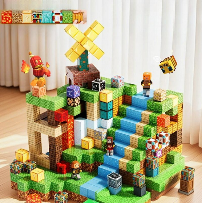 [다모와] 마인크래프트 자석 블록 마그네틱 빌딩 조립 쌓기놀이 로블록스 블럭, free, 875개, 자석블럭800+피규어무기75개