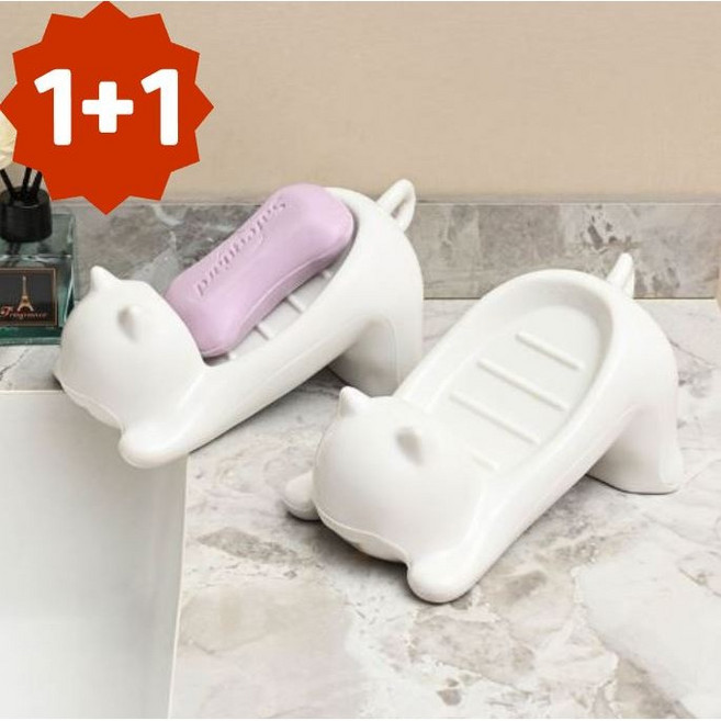 아킴 귀여운 고양이 비누 받침 욕실 물빠짐 비누받침대 세면대 비누 거치대, 2개, 화이트