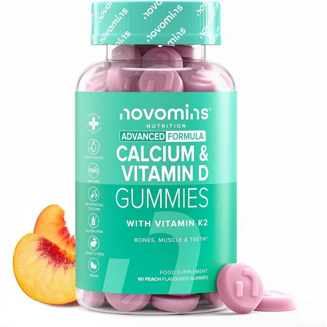 영국 노브민스 novomins Calcium & Vitamin D3 K2 Peach Flavour 칼슘 400mg & 비타민D +K2 복숭아맛 구미 츄어블, 3개, 60정 - 쿠팡