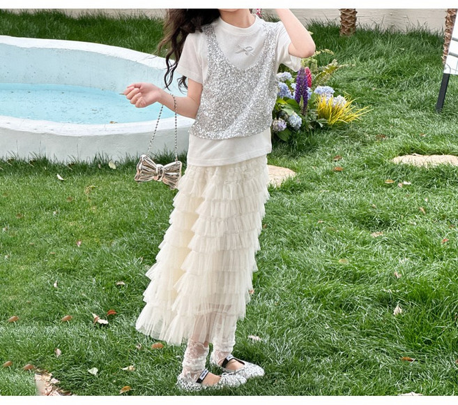 해피유통 반짝이 장식 반팔 조합 레이어드 롱스커트 우아한 스타일 세트 디자인14세 이상