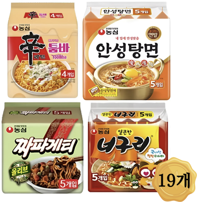 농심 신라면 툼바 4입 1개 + 안성탕면 5입 1개 +짜파게티 5입 1개 + 얼큰한너구리 5입 1개 (총19개)
