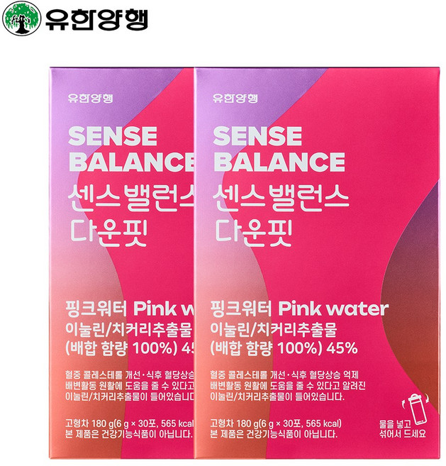 유한양행 센스밸런스 다운핏 핑크워터 30포 2박스 혈당상승 억제 장건강 이눌린 치커리추출물, 60개, 6g