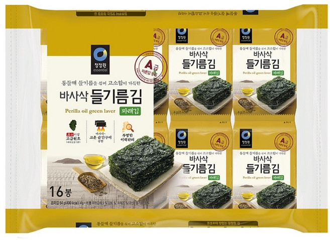 청정원 들기름 바사삭 파래김, 4g, 16개