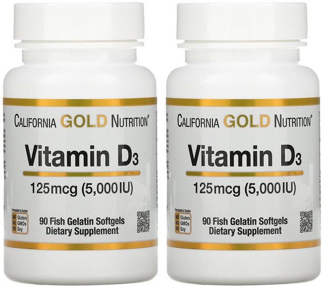California Gold Nutrition 비타민D3 125mcg(5 000IU) 피쉬 젤라틴 소프트젤 90정 고함량 소용량, 2개