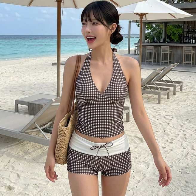 초코베리비키니 체크 홀터넥 수영복 스포티 숏츠 세트