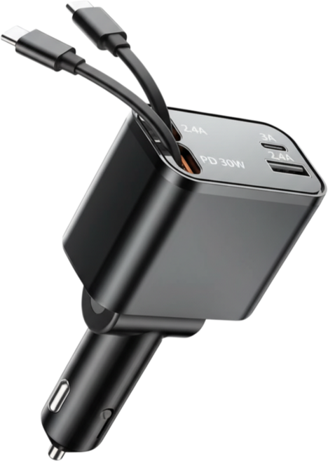 BuddhiGear 차량용 시거잭 고속충전기 4in1 신축 케이블 내장 QC3.0차량용 초고속 충전기PD30W RGB 무드등 전 차종 호환, 회색, TYPE C+TYPE C/12V-24V 공용