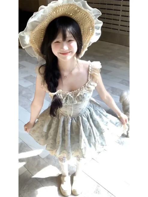法式小飛袖花邊碎花連衣裙, 淺藍色