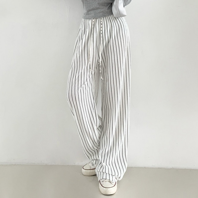 제이앤썸 플리츠 스트라이프 허리스트링 레터링 와이드 팬츠 주름 세로줄 통바지 와이드 바지
