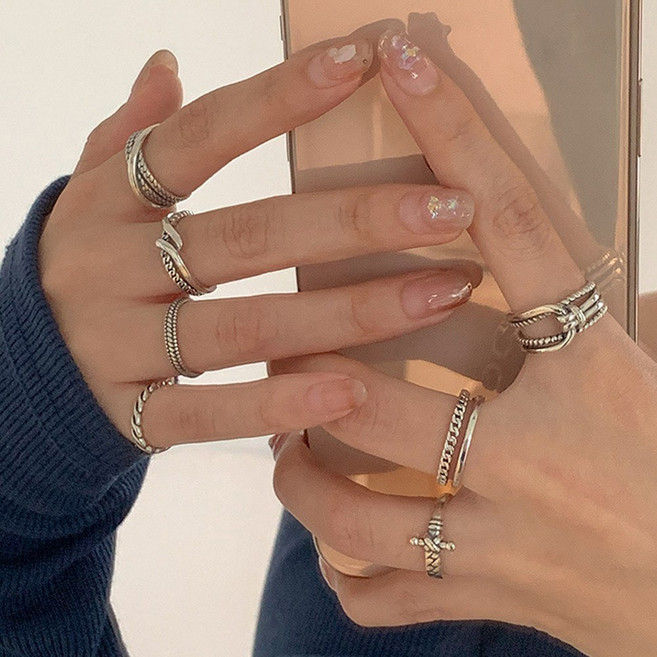 LUMIEVER 실버 스타일 오픈링 반지 7개 심플한 데일리 꼬임 매듭 십자가 팬션반지 7종세트