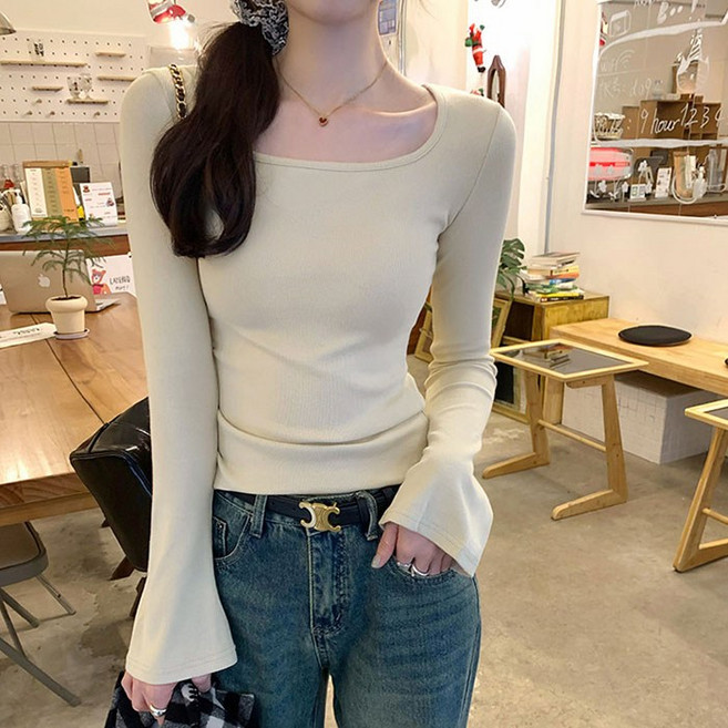 cammello 쫀쫀 슬림핏 스퀘어넥 나팔소매 이너 티셔츠 여성 긴팔티