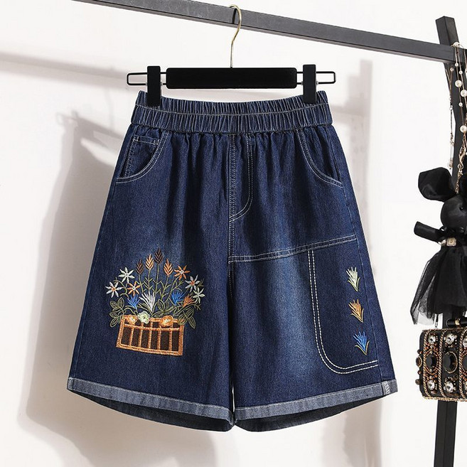 Makone 여성 심플 청 반바지 하이웨스트 밑단 롤업 베이직 와이드 A라인 자수 데님 팬츠