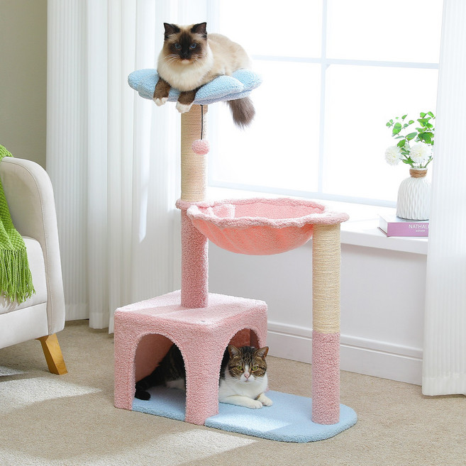 PAWZ Road 3단 귀여운 플라워 캣타워 꽃모양 전망대 고양이 스크래쳐 해멱 숨숨집 핑크, 1개, 블루