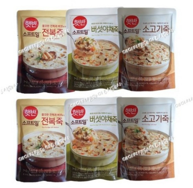 총 6개입/450g 비비고죽 전복2+버섯야채2+소고기2, 1세트