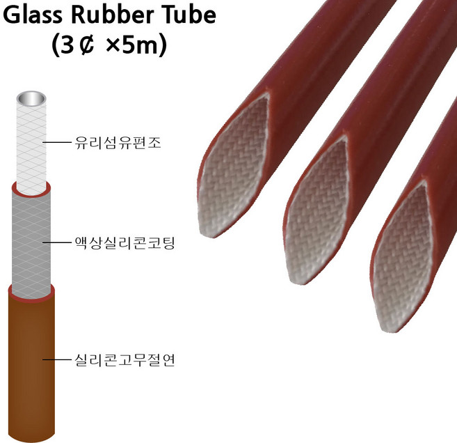 유리섬유실리콘고무튜브 전기절연 내열튜브 Glass Rubber Tube 3파이*5M, 1개