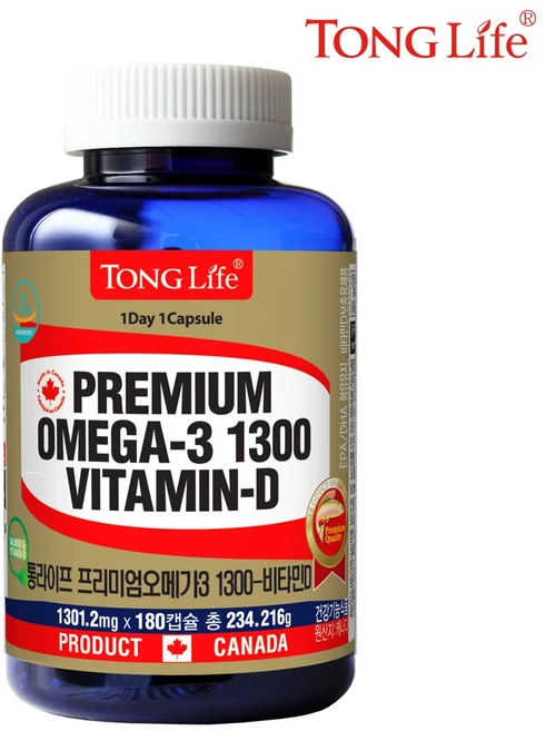 Canada 캐나다정품 통라이프-프리미엄오메가3 1300+비타민D 6개월분-혈행 기억력개선 칼슘과인흡수도움-1병, 1개, 180정 - 쿠팡