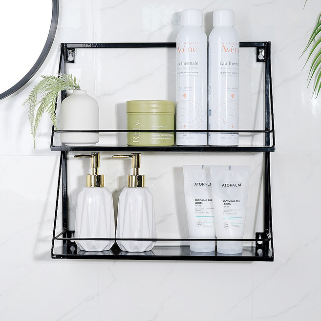 무타공 벽걸이 철재 2단 선반 주방 욕실 파우더룸 수납정리선반, 무타공 2단 철제 벽선반 화이트