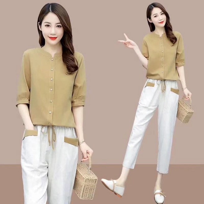 Ashysnow 캐주얼 세트 여성 여름 편안한 면 마 반팔 셔츠 캐주얼 9부 팬츠 투피스