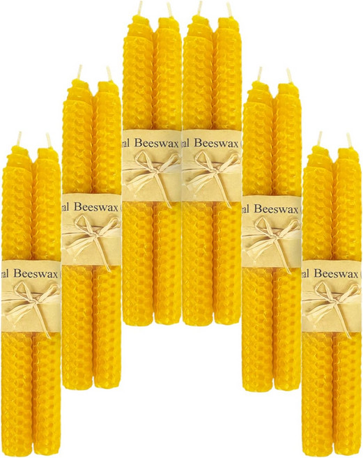 라카저 밀랍 테이퍼드 캔들 옐로우 12개 무향 세트 6쌍 9인치 길이의 천연 시트 핸드롤링 버닝 타임 4시간 디너 테이블 장식용, White, 12