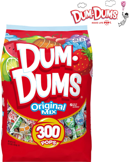 [Dum Dums] 덤덤팝스 캔디 Dum Dums Pops 막대사탕 롤리팝 사탕 300개 1.45kg Dum Dums Original Mix Lollipops, 1세트