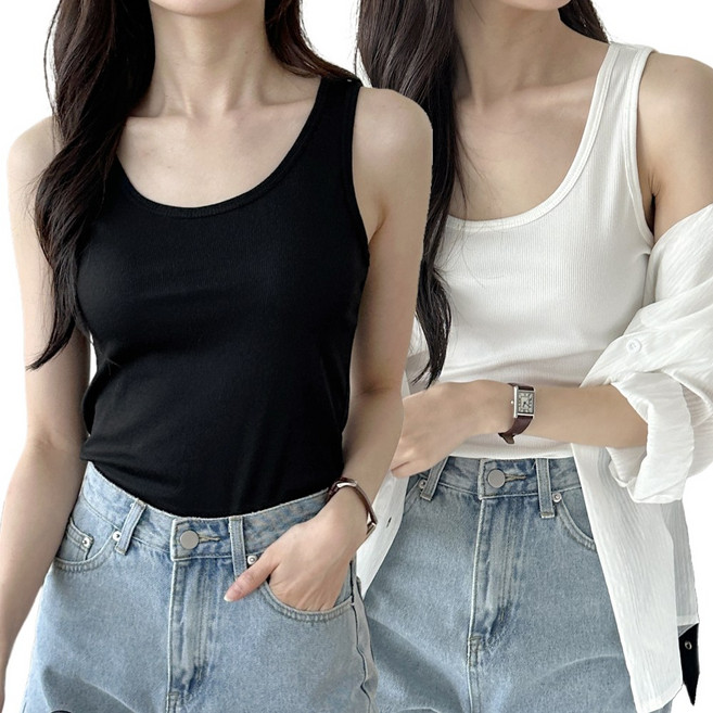 아름디오 여성 1+1 베이직 라운드넥 골지 민소매 이너 나시티 빅사이즈 45~90kg