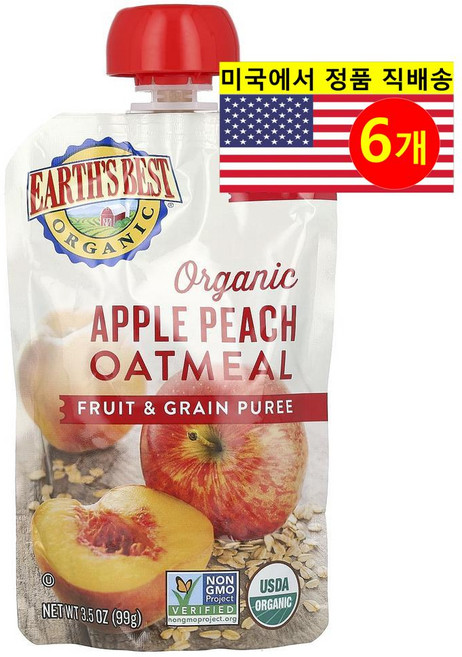 Earth's Best 6개월 이상 유아용 맛있고 영양이 풍부한 오가닉 퓌레 이유식 파우치 99g 3개, 6개