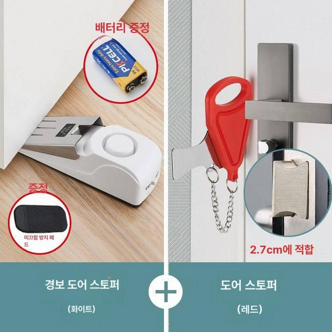 도어 스토퍼 여행 문막이 레드 안전 레트로 블로커, 1개, 화이트알람도어스토퍼+레드도어클립