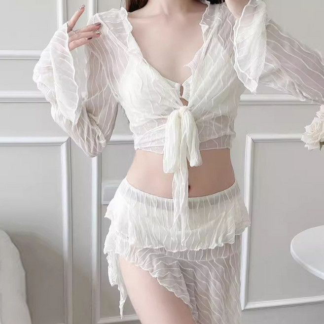 탑트레일 여성 비치웨어 섹시 커버업+랩포함 4피스 비키니 체형커버, 화이트