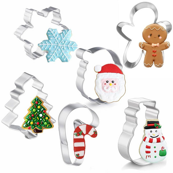 대형 크리스마스 쿠키 커터 레시피 지침이 있는 4인치 홀리데이 커터 모양 진저브레드 맨 트리 스노우플레이크 케인 산타 페이스 제빵용 스노우