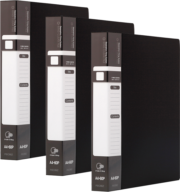 프로비즈 3공 O링 클리어파일 바인더화일 60매, 3개, 블랙