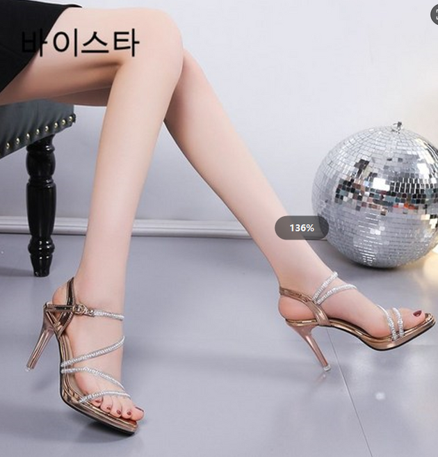 바이스타 여성 여름 큐빅 가보시 힐 일자 스트랩 샌들 10cm
